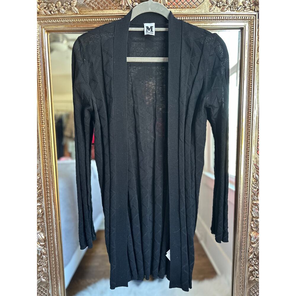 M Missoni Black Chevron Pattern Rib Trim Open Front Knit Wool Cardigan Medium
